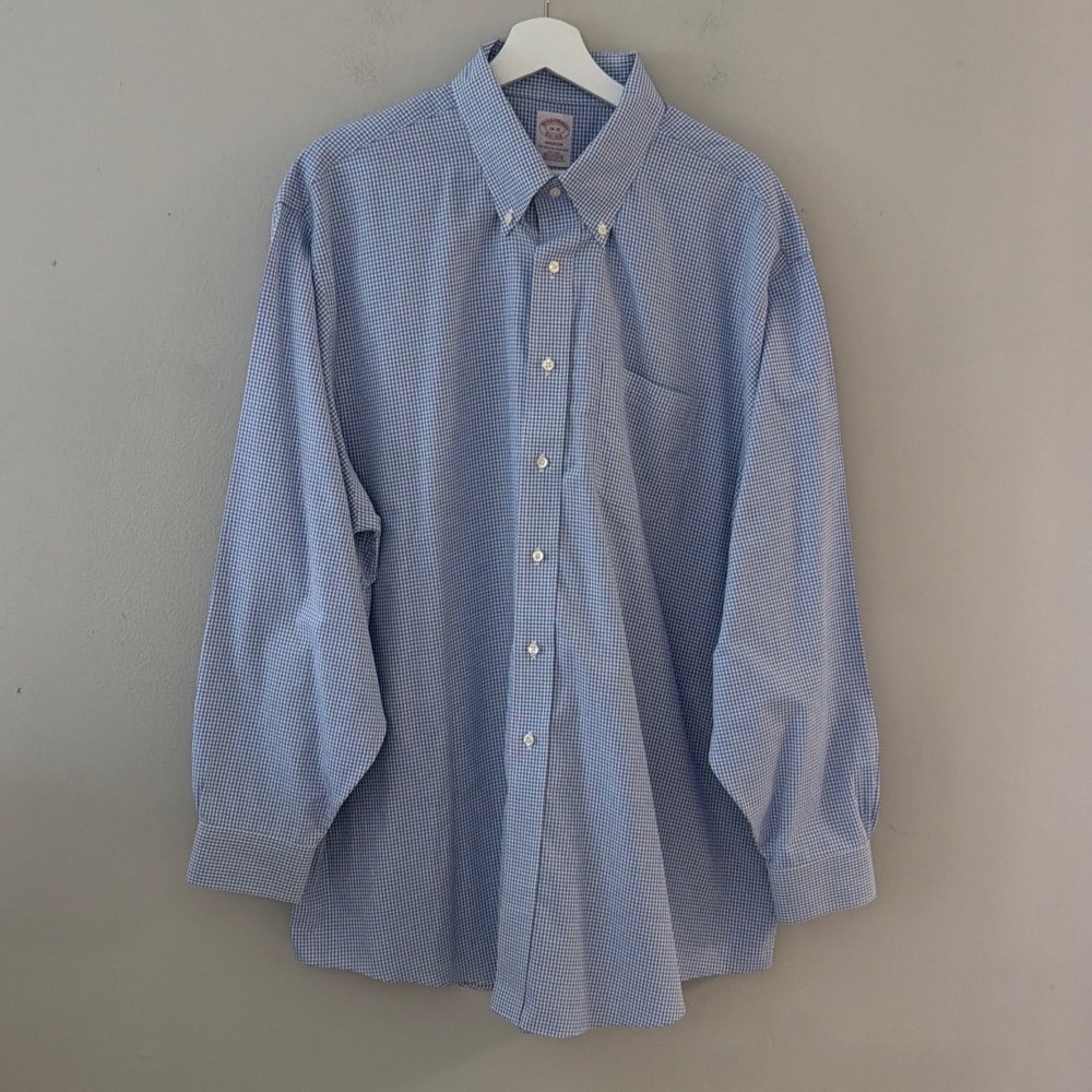 Brooks Brothers Madison Shirt Men 18 Blue White Gingham Non-Iron Supima Cotton